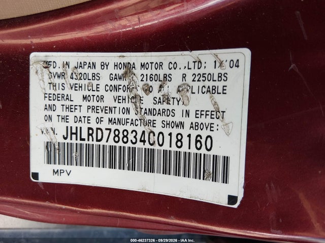 46237326 :رقم المزاد ، JHLRD78834C018160 vin ، 2004 Honda Cr-v Ex مزاد بيع