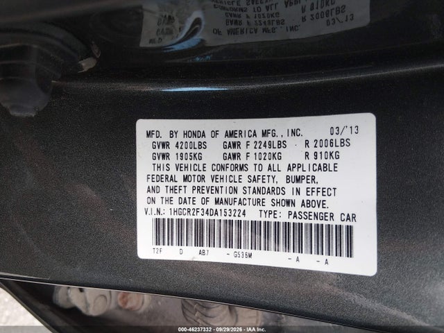 46237332 :رقم المزاد ، 1HGCR2F34DA153224 vin ، 2013 Honda Accord Lx مزاد بيع