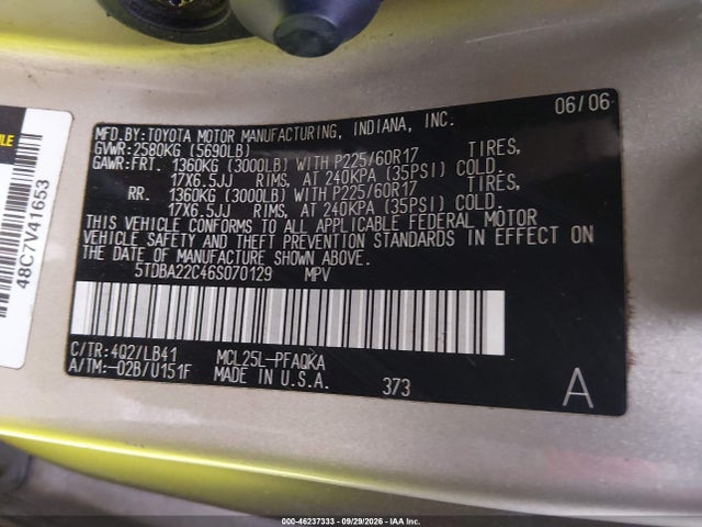 Aukcja sprzedaży 2006 Toyota Sienna Xle Limited, vin: 5TDBA22C46S070129, numer aukcji: 46237333
