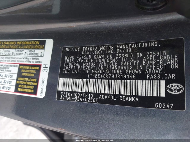 2009 Toyota Camry Le მანქანა იყიდება აუქციონზე, vin: 4T1BE46K79U819146, აუქციონის ნომერი: 46237338