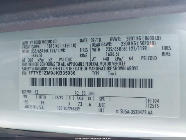 Auction sale of the 2018 Ford Transit-150, vin: 1FTYE1ZM9JKB35936, lot number: 46237348