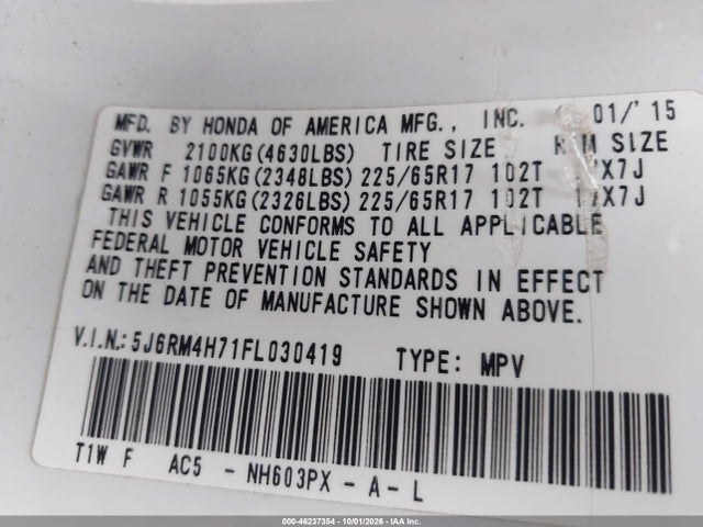 2015 Honda Cr-v Ex-l მანქანა იყიდება აუქციონზე, vin: 5J6RM4H71FL030419, აუქციონის ნომერი: 46237354