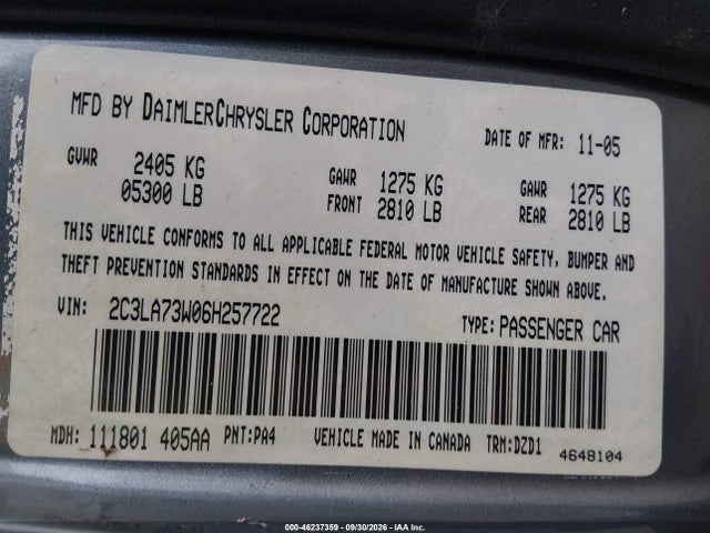 Продаж на аукціоні авто 2006 Chrysler 300c Srt8, vin: 2C3LA73W06H257722, номер лоту: 46237359