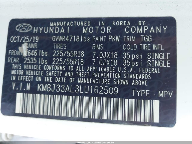 Aukcja sprzedaży 2020 Hyundai Tucson Sel, vin: KM8J33AL3LU162509, numer aukcji: 46237371
