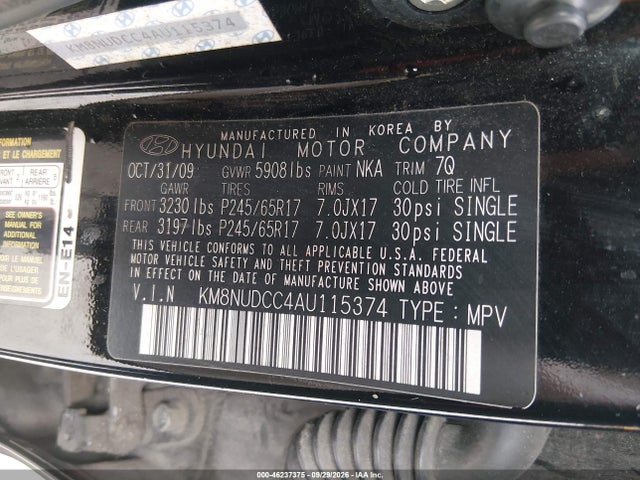 46237375 :رقم المزاد ، KM8NUDCC4AU115374 vin ، 2010 Hyundai Veracruz Gls مزاد بيع
