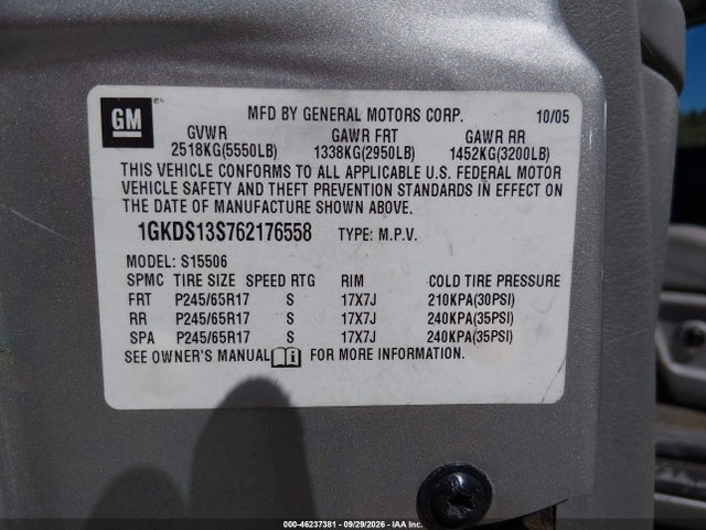 Aukcja sprzedaży 2006 Gmc Envoy Slt, vin: 1GKDS13S762176558, numer aukcji: 46237381
