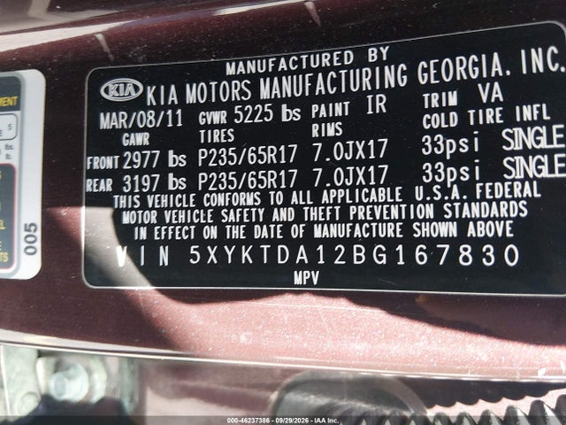 46237386 :رقم المزاد ، 5XYKTDA12BG167830 vin ، 2011 Kia Sorento Lx مزاد بيع