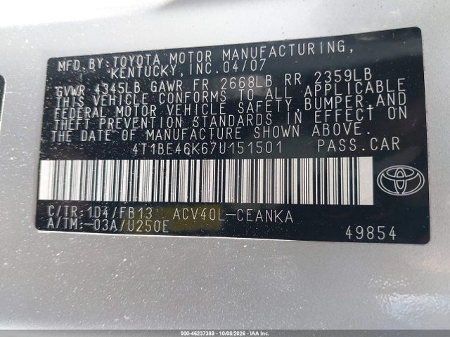 2007 Toyota Camry Le მანქანა იყიდება აუქციონზე, vin: 4T1BE46K67U151501, აუქციონის ნომერი: 46237389