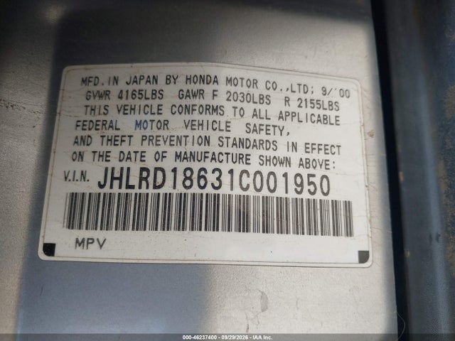 Aukcja sprzedaży 2001 Honda Cr-v Ex, vin: JHLRD18631C001950, numer aukcji: 46237400
