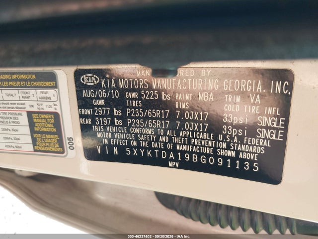 2011 Kia Sorento Lx მანქანა იყიდება აუქციონზე, vin: 5XYKTDA19BG091135, აუქციონის ნომერი: 46237402