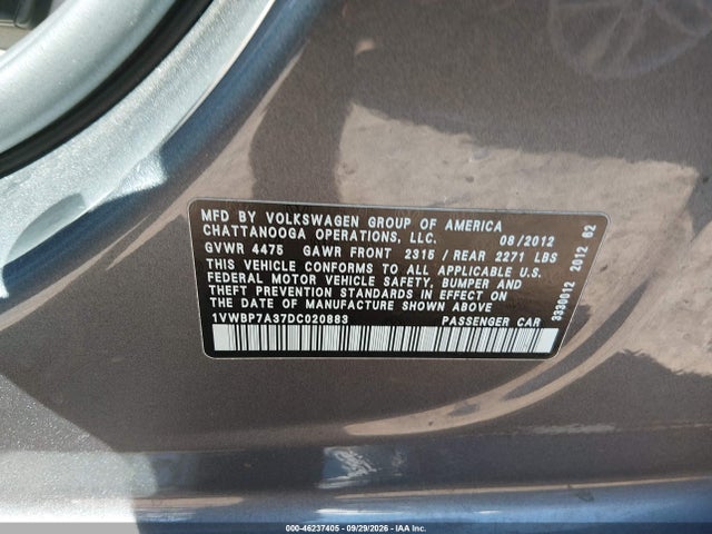 Продаж на аукціоні авто 2013 Volkswagen Passat 2.5l Se, vin: 1VWBP7A37DC020883, номер лоту: 46237405