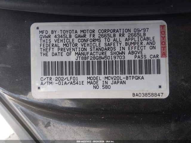 46237412 :رقم المزاد ، JT8BF28G8W5019703 vin ، 1998 Lexus Es 300 مزاد بيع
