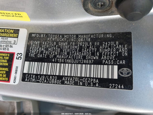 46237417 :رقم المزاد ، 4T1B61HK0JU128697 vin ، 2018 Toyota Camry Xse مزاد بيع