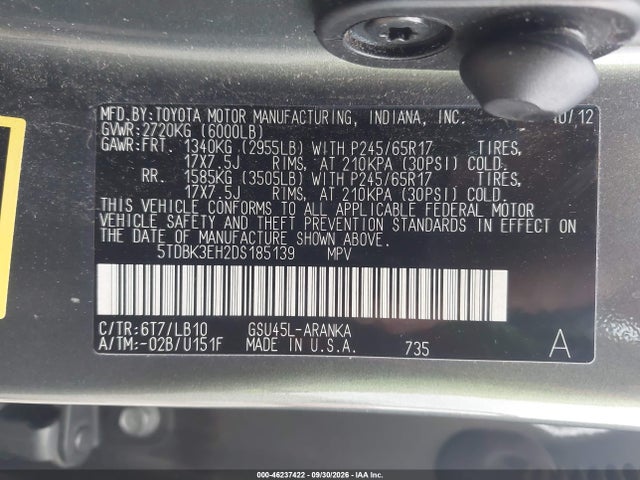 Aukcja sprzedaży 2013 Toyota Highlander Se V6, vin: 5TDBK3EH2DS185139, numer aukcji: 46237422