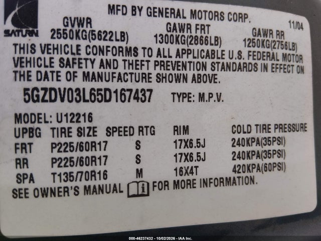 Продаж на аукціоні авто 2005 Saturn Relay Fwd, vin: 5GZDV03L65D167437, номер лоту: 46237432