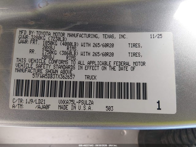 Продаж на аукціоні авто 2026 Toyota Tundra Limited Crewmax 5.5' Bed, vin: 5TFWA5DB3TX362657, номер лоту: 46237443