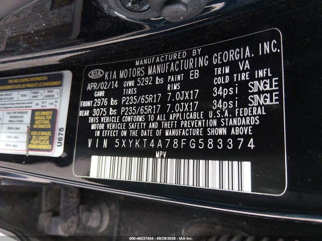 Aukcja sprzedaży 2015 Kia Sorento Lx V6, vin: 5XYKT4A78FG583374, numer aukcji: 46237454