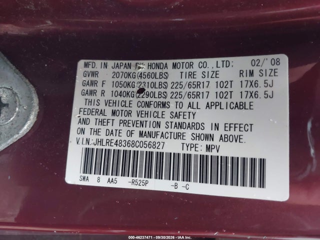 2008 Honda Cr-v Lx მანქანა იყიდება აუქციონზე, vin: JHLRE48368C056827, აუქციონის ნომერი: 46237471
