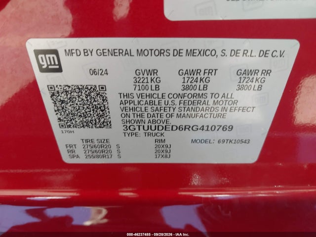 Aukcja sprzedaży 2024 Gmc Sierra 1500 4wd  Short Box Slt, vin: 3GTUUDED6RG410769, numer aukcji: 46237485