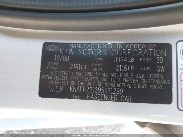 Продаж на аукціоні авто 2009 Kia Spectra Ex, vin: KNAFE221395631299, номер лоту: 46237508