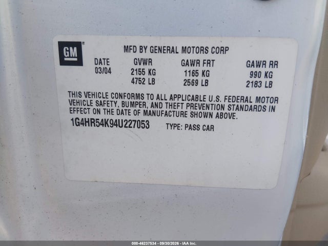 46237534 :رقم المزاد ، 1G4HR54K94U227053 vin ، 2004 Buick Lesabre Limited مزاد بيع