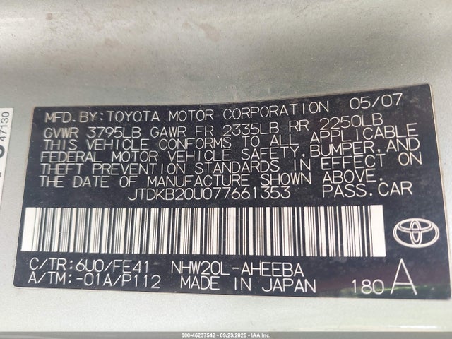 Aukcja sprzedaży 2007 Toyota Prius, vin: JTDKB20U077661353, numer aukcji: 46237542