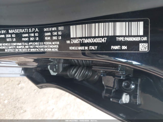 Продаж на аукціоні авто 2022 Maserati Ghibli Modena Q4, vin: ZAM57YTM4NX400247, номер лоту: 46237562