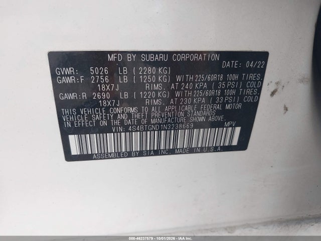 Продажа на аукционе авто 2022 Subaru Outback Limited Xt, vin: 4S4BTGND1N3238669, номер лота: 46237579