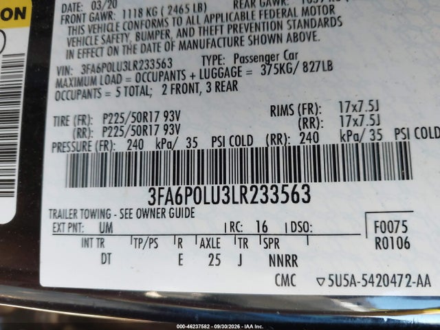 Продаж на аукціоні авто 2020 Ford Fusion Hybrid Se, vin: 3FA6P0LU3LR233563, номер лоту: 46237582