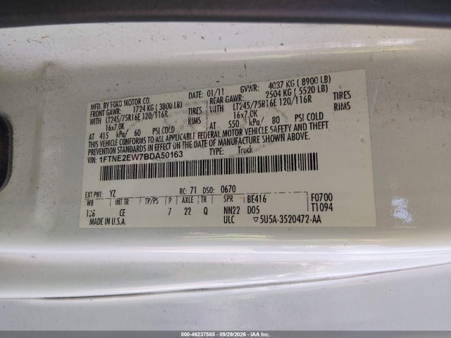 46237585 :رقم المزاد ، 1FTNE2EW7BDA50163 vin ، 2011 Ford E-250 Commercial مزاد بيع