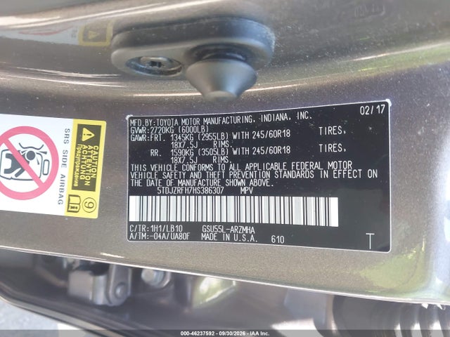 Продаж на аукціоні авто 2017 Toyota Highlander Xle, vin: 5TDJZRFH7HS386307, номер лоту: 46237592
