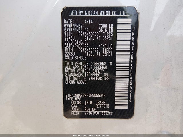 Aukcja sprzedaży 2014 Infiniti Qx80, vin: JN8AZ2NF5E9555648, numer aukcji: 46237612