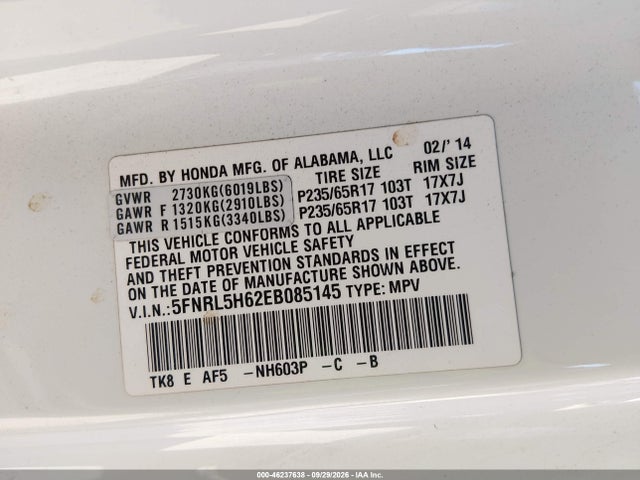 Honda Odyssey Ex-l 2014 5FNRL5H62EB085145 Image 9