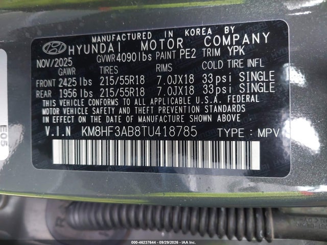 46237644 :رقم المزاد ، KM8HF3AB8TU418785 vin ، 2026 Hyundai Kona Sel Sport مزاد بيع