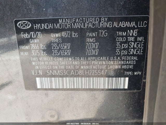 Продаж на аукціоні авто 2020 Hyundai Santa Fe Sel, vin: 5NMS3CAD8LH225547, номер лоту: 46237665