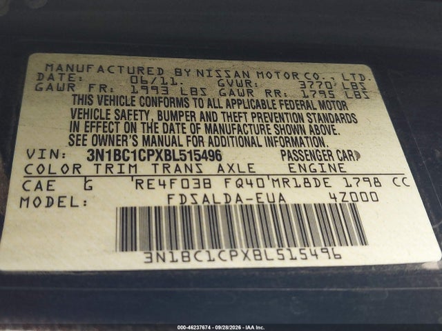 Продажа на аукционе авто 2011 Nissan Versa 1.8s, vin: 3N1BC1CPXBL515496, номер лота: 46237674