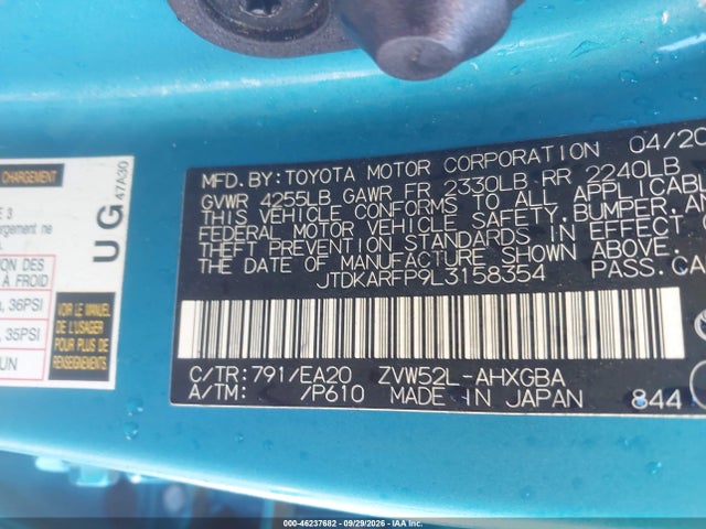 2020 Toyota Prius Prime Xle მანქანა იყიდება აუქციონზე, vin: JTDKARFP9L3158354, აუქციონის ნომერი: 46237682