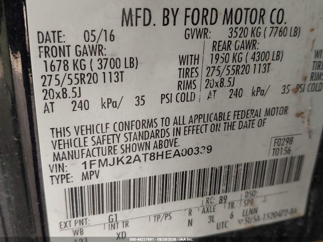 2017 Ford Expedition El Limited მანქანა იყიდება აუქციონზე, vin: 1FMJK2AT8HEA00339, აუქციონის ნომერი: 46237691