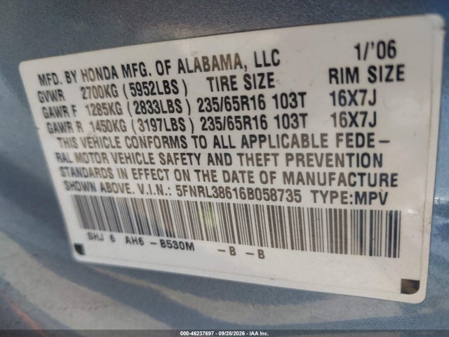 Aukcja sprzedaży 2006 Honda Odyssey Ex-l, vin: 5FNRL38616B058735, numer aukcji: 46237697