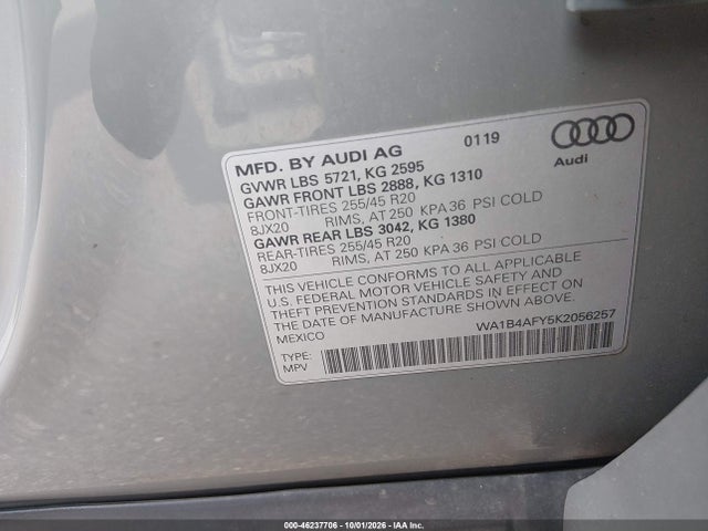 46237706 :رقم المزاد ، WA1B4AFY5K2056257 vin ، 2019 Audi Sq5 3.0t Premium مزاد بيع