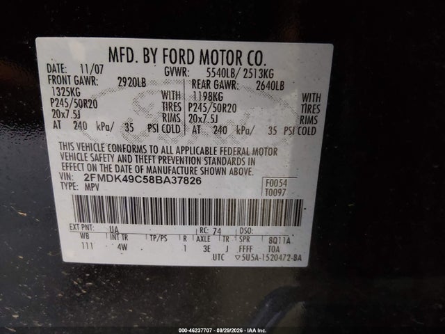 Продаж на аукціоні авто 2008 Ford Edge Limited, vin: 2FMDK49C58BA37826, номер лоту: 46237707