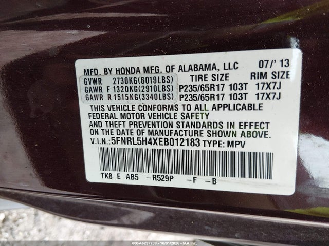 Aukcja sprzedaży 2014 Honda Odyssey Ex, vin: 5FNRL5H4XEB012183, numer aukcji: 46237708