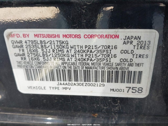Aukcja sprzedaży 2014 Mitsubishi Outlander Es, vin: JA4AD2A30EZ002129, numer aukcji: 46237717