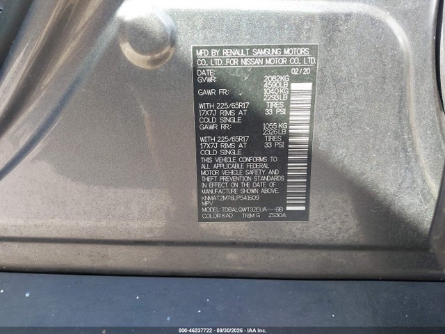 Продаж на аукціоні авто 2020 Nissan Rogue Sv Fwd, vin: KNMAT2MT6LP541609, номер лоту: 46237722