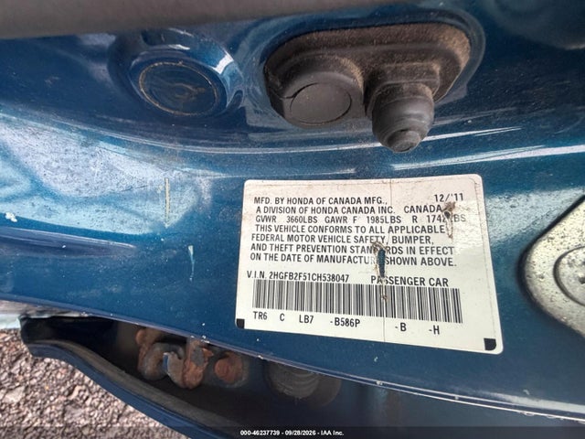 2012 Honda Civic Lx მანქანა იყიდება აუქციონზე, vin: 2HGFB2F51CH538047, აუქციონის ნომერი: 46237739