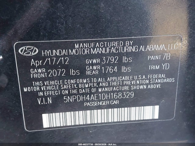 Продаж на аукціоні авто 2013 Hyundai Elantra Gls, vin: 5NPDH4AE1DH168329, номер лоту: 46237738