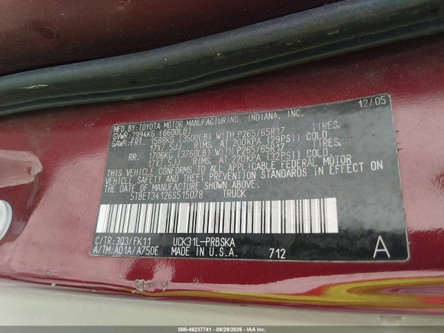 2006 Toyota Tundra Sr5 V8 მანქანა იყიდება აუქციონზე, vin: 5TBET34126S515078, აუქციონის ნომერი: 46237741