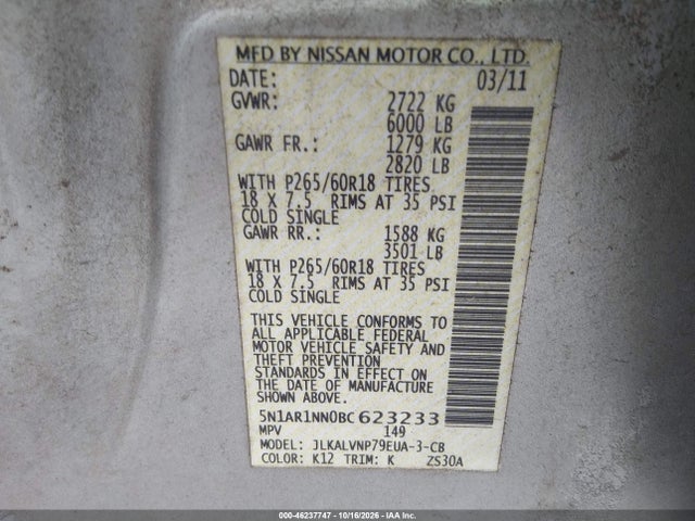 Продаж на аукціоні авто 2011 Nissan Pathfinder Le, vin: 5N1AR1NN0BC623233, номер лоту: 46237747