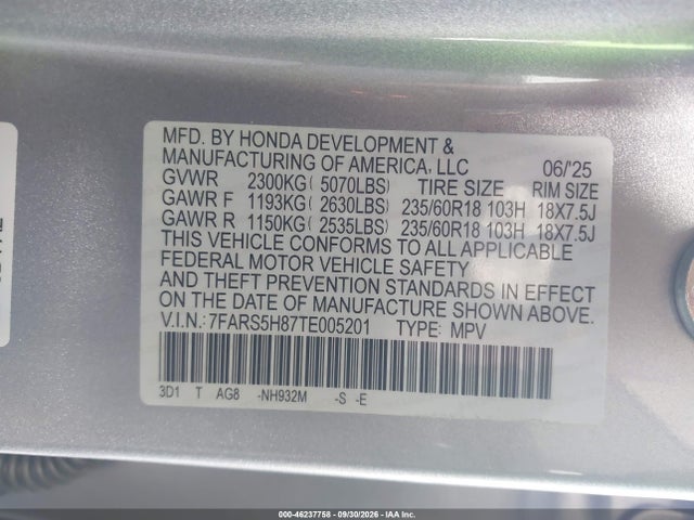Продаж на аукціоні авто 2026 Honda Cr-v Hybrid 2wd Sport-l, vin: 7FARS5H87TE005201, номер лоту: 46237758