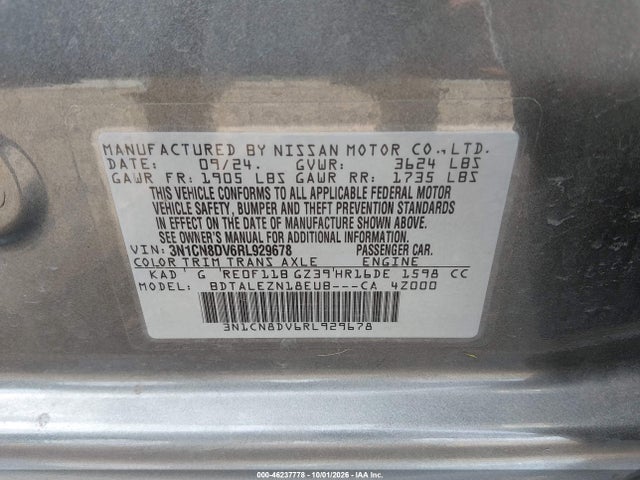 Aukcja sprzedaży 2024 Nissan Versa 1.6 S, vin: 3N1CN8DV6RL929678, numer aukcji: 46237778